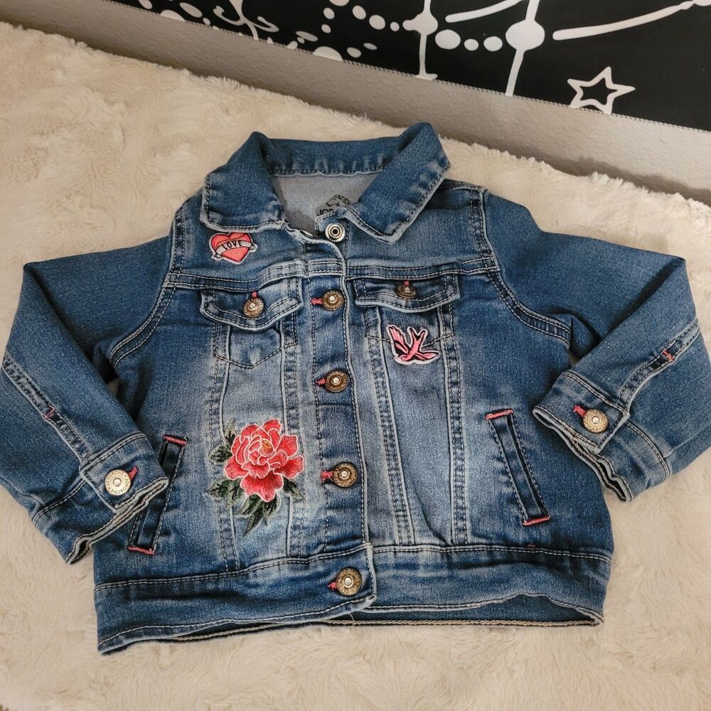Jordache Toddler Jacket Girls 2T Blue Denim Embroidered Floral Heart Patches